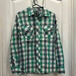 Eighty Eight brand, Men's Blue and Green Plaid Shirt, Size Large.